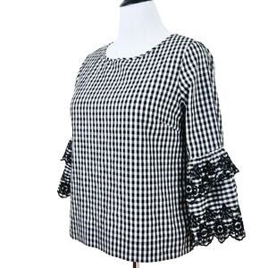 J Crew Size 8 Tiered Bell Sleeve Blouse Gingham Black White Check